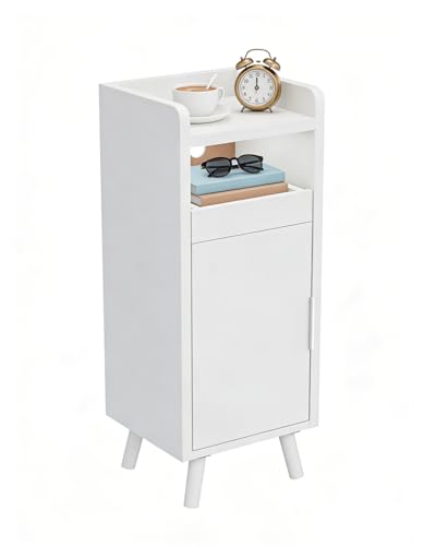 Askelierg Nachttisch Schmal 25 cm, Kleiner Nachttisch mit Schublade & Tür, Nachtschrank Kabelmanagement, Beistelltisch Platzsparend für Wohnzimmer, Schlafzimmer, 25x 30 x 61 cm (Weiß)