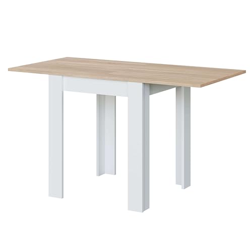 Habitdesign, ausziehbarer Beistelltisch, klappbarer Küchentisch mit Buchöffnung, platzsparendes Design, in Artik weiß und kanadischer Eiche, Maße: 67–134 x 79 x 67 cm (B x H x T), Modell Livre