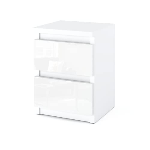 MRBLS Nachttisch Nachtschrank Nachtkommode Modern Möbel mit Schubladen Kommode Holz Schubladenschrank für Ihr Schlafzimmer (Weiß Matt - Weiß Glanz) – 30 x 43 x 32,5 cm (B/H/T)