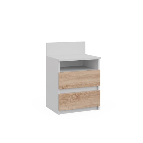 Vicco Nachttisch Monty, Nachtkommode, Weiß/Sonoma, 32.3 x 59.1 cm mit 2 Schubladen