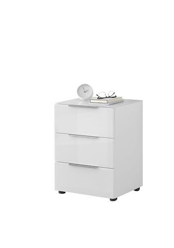 Stella Trading Nachttisch Santorin in weiß mit Glasfront - Moderner Nachtschrank mit DREI Schubladen für Ihr Boxspringbett - 45 x 61 x 40 cm (B/H/T)
