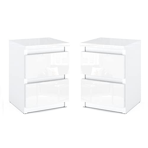 MRBLS_HOME MRBLS Nachttisch 2er Set Nachtschrank Nachtkommode Modern Möbel mit Schubladen Kommode Holz Schubladenschrank für Ihr Schlafzimmer (Weiß Matt - Weiß Glanz) – 30 x 43 x 32,5 cm (B/H/T)