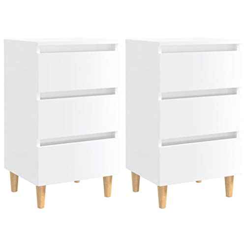 SDWEHO7 2er Set Nachtschrank mit 3 Schubladen und Holzbeinen, Schlafzimmer-Möbel, Nachttisch, Beistelltisch, Nachtkommode für Boxspringbett, Nachtkonsole, Hochglanz-Weiß 40x35x69 cm