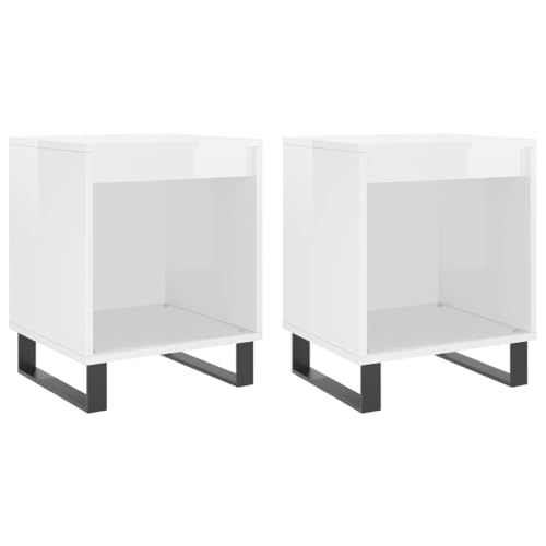 Natulvd 2 Set Industrie Nachttisch 2 Etagen Schmaler Beistelltisch für Sofa 40x35x50cm Couchtisch Kleiner TV Beistelltisch Nachttisch für Wohnzimmer Schlafzimmer (Weiß Glanz)