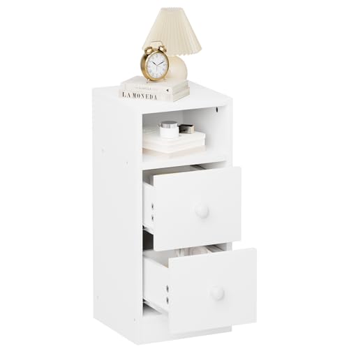TactFire Nachttisch, Kommode mit 2 Schubladen, Konsolentisch Schmal mit 1 offenem Fach, Nachtschrank Boxspringbett Weiß 25 x 30 x 60 cm (1, Weiß)