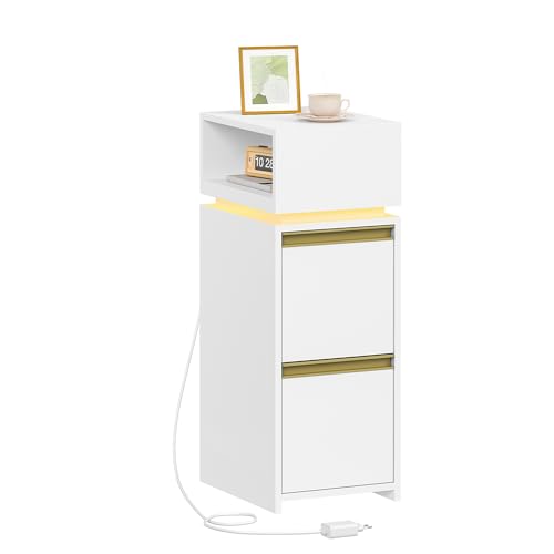 HEXCELEN Nachttisch, Schmal, Beistelltisch mit 2 Schubladen und 1 Offenen Fach, Nachtschrank im Schlafzimmer, Beistelltisch, für Schlafzimmer, Wohnzimmer, Modern, Weiß
