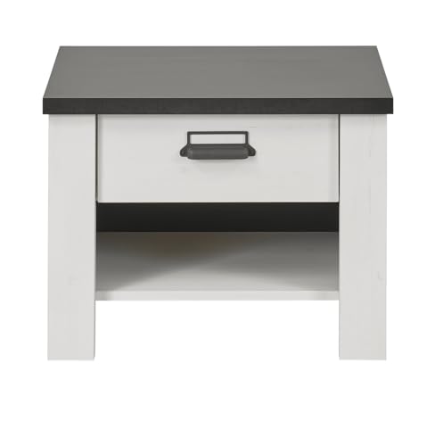 Nachttisch Nachtkommode in weiß Pinie und schwarz/anthrazit Nachtkonsole mit Schubkasten und Selbsteinzug Landhaus/Industrial Design 60 x 46 cm Stove (Nachttisch 1)