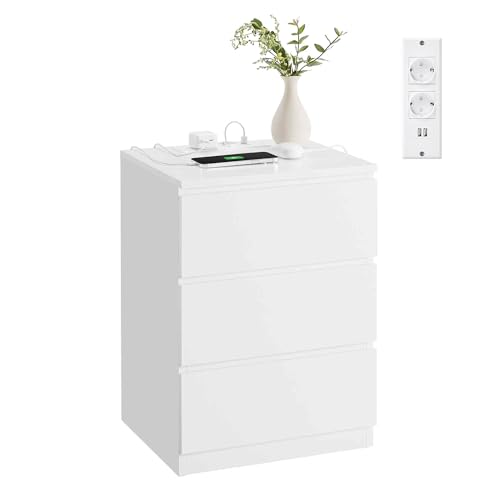 VASAGLE Kailyn Kollektion   Steckdosenleiste, Beistelltisch, 3 Schubladen, 2 AC Steckdosen, 2 USB A Anschlüsse, modern, wolkenweiß LET631W14