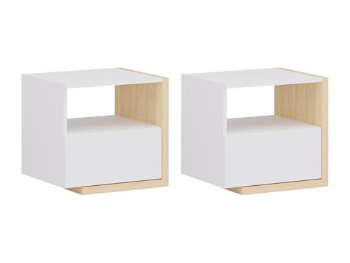 Vente-unique-2er-Set Nachttische skandinavisch mit 1 Schublade & 1 Ablage - Weiß & Holzfarben - Napoli II