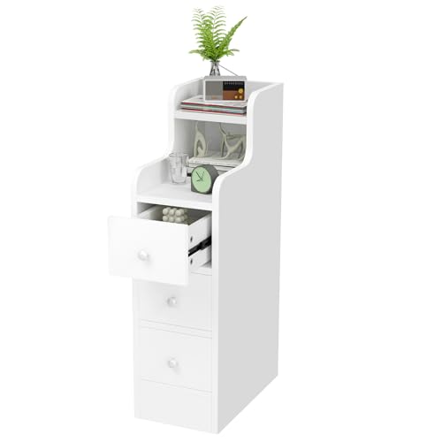EXSELTMAN Nachttisch 70 cm hoch, NachtNachttisch Schmal 20 cm, Offenen Ablagen und 3 Schiebeschublade, Sofatisch Beistelltisch, Nachtkästchen Platzsparend, weiß 35x20x70cm