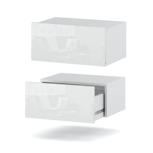 MRBLS Nachttisch Wandmontage 2er Set - Nachttischschrank Hängend - Modernes Design Wandschublade - Nachttisch Wand – Loft Nachtschrank - Wandregal Mit Schublade (Weiß Glanz) – 45 x 19 x 32 cm (B/H/T)