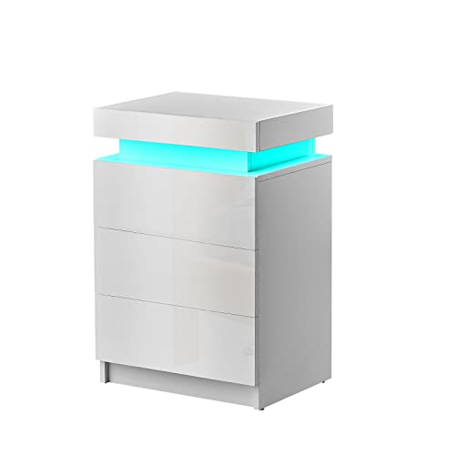 OFCASA 2er Set Nachttisch mit LED Beleuchtung 3 Schubladen Weiß glänzend und matt Aufbewahrungsschrank für Schlafzimmer
