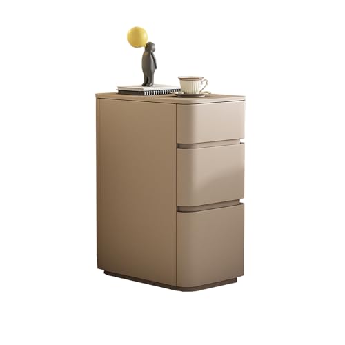 Moderner Nachttisch mit 3 Schubladen, schmaler Nachttisch für Schlafzimmer & Wohnzimmer, Massivholz & Leder, Sofaschrank, Mini-Aufbewahrungslösung (40,6 x 40,6 x 59,9 cm, Khaki)