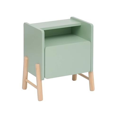 Rebecca Mobili Nachttisch mit 1 Schublade und 1 Regal, Nachttisch für Kinderzimmer, Wassergrün Braun, MDF Kiefer, Stabil, für Montessori Zimmer - Maße HxBxT: 49 x 43 x 30 cm - Art. RE7130