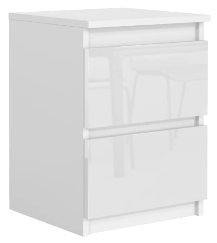 meble masztalerz Nachttisch Weiß Hochglanz 2 Schubladen 40 cm Nachtkommode, grifflose Schubladen, Nachtschrank, Bedside Table, Kommode Weiß, Schubladenschrank