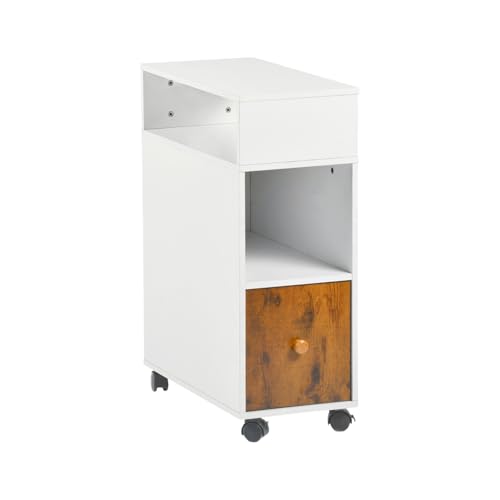 ZZINOKE Nachttisch Schmal ?mit 2 offenen Fächern, Nachttisch mit Schublade, Beistelltisch Rollen, Vintage-Stil, geeignet für Schlafzimmer, Wohnzimmer, 50×25×68cm, Weiß