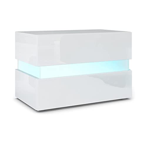 Vladon Nachttisch Flow, Nachttischschrank mit Schublade, Weiß Hochglanz/Weiß Hochglanz, inkl. LED-Beleuchtung (60 x 45 x 39 cm)