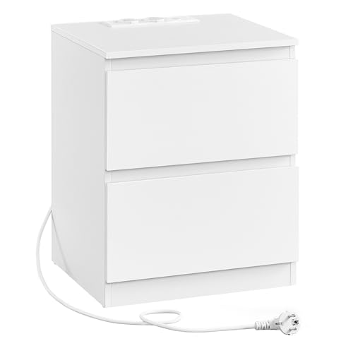 VASAGLE Nachttisch Steckdosenleiste, Beistelltisch, 2 Schubladen, 2 AC Steckdosen, 2 USB A Anschlüsse, Wohnzimmer, modern, wolkenweiß LET621W02