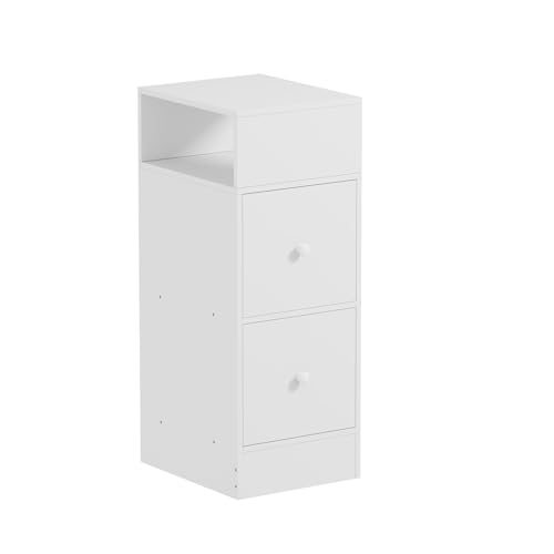 PCGAGA Schmaler Nachttisch mit Schubladen und offenem Regal, Wohnzimmer-Beistelltisch, Nachttisch, Schlafzimmer, Aufbewahrungseinheit (2 Schubladen, Weiß, L30 x B25 x H66 cm)