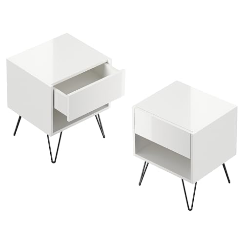 Lomadox Schlafzimmer Nachttisch Nachtschrank 2er Set mit je 41 cm Breite in weiß Hochglanz, mit 1 Schublade und 1 offenes Fach, Softclose & Push-to-Open, modern, grifflos