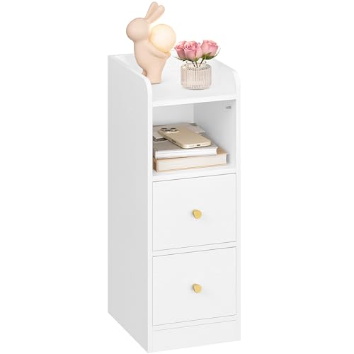 Hzuaneri Nachttisch, Schmaler Beistelltisch mit 2 Schubladen, Nachttische mit Offenem Fach, Verstellbare Schubladenposition für Schlafzimmer, Wohnzimmer, 30 x 24 x 65 cm Weiß NS62113X