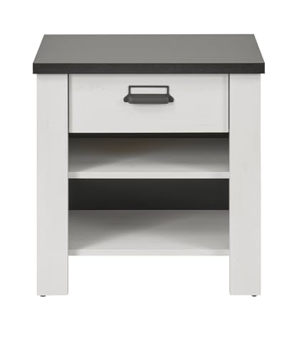 Nachttisch Nachtkommode in weiß Pinie und schwarz/anthrazit Nachtkonsole mit Schubkasten und Selbsteinzug Landhaus/Industrial Design 60 x 61 cm Stove (Nachttisch 2)