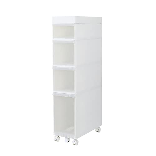Vertikaler Aufbewahrungsschrank mit 4 transparenten Schubladen und Rollen, schmal, freistehend, schmal, hoch, Kommode für kleine Räume, einfache Montage, 14 cm/22 cm Breite