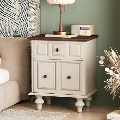 SUKY Vintage Nachttisch 52CM mit 2 Schubladen und römischen Säulenbeinen, Nachttisch aus Massivholz, Nachttischschränkchen für Schlafzimmer, Wohnzimmer (Antikweiß)