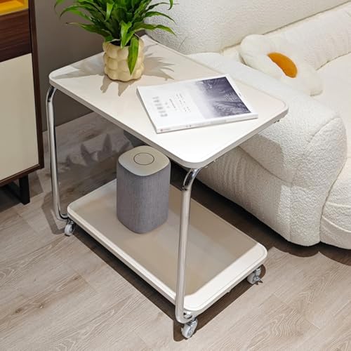 C-förmiger Beistelltisch mit Rädern, C-Tisch mit 2-stufigem Lagerregal, Kleiner Nachttisch für das Schlafzimmer, mit feststellbaren Rädern, für Sofa, Küche, Wohnzimmer und Schlafzimmer (Silb