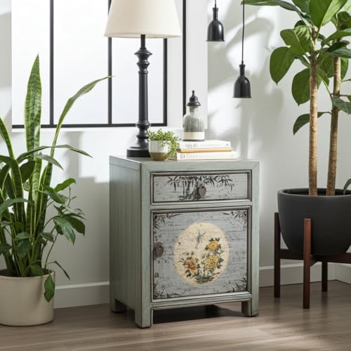 OPIUM OUTLET Nachttisch Nachtschrank Nachtschränkchen Nacht-Konsole Kommode Schrank asiatisch orientalisch chinesisch Vintage Shabby-chic, Lieferung komplett montiert (hellgrau)