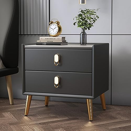 Moderner Nachttisch mit 2 Schubladen, Massivholz, hoher Nachttisch mit Kunstleder-Akzenten, stilvolle Aufbewahrung für Schlafzimmer und Wohnzimmer, moderne Nachttische