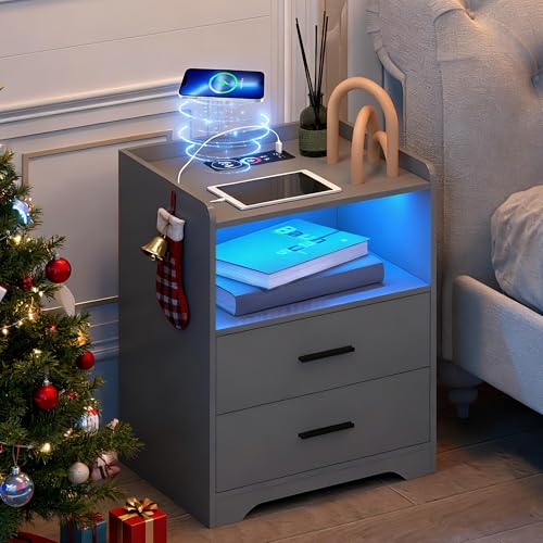 Vlsrka RGB Nachttisch mit Ladefunktion, LED Nachttisch mit USB und Type-C Stecker, Nachtschrank mit 24 Farben Licht, Moderner Nachtschrank mit 2 Schubladen, Nachttische Holz Schlafzimmer, Grau