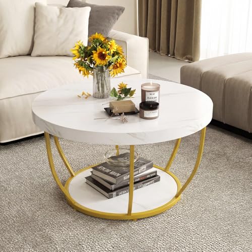 GIANTEX Runder Couchtisch mit 2 Ebenen, 80 x 80 x 45 cm, Wohnzimmertisch mit Holzoptik und Metallgestell, eleganter Nachttisch für Schlafzimmer, Büro (Weiß)