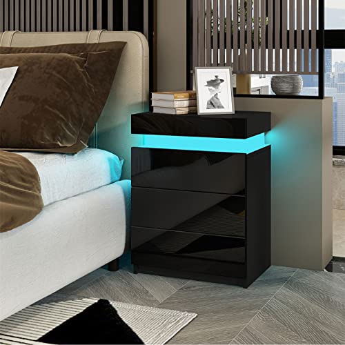 Komtopod Nachttisch Schwarz, Nachtschrank mit Led, Nachtkommode mit 3 Schubladen, Hochglanz für Wohnzimmer, Schlafzimmer, 45x35x67cm