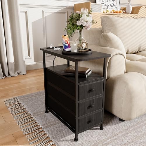 BRILVERDE Nachttisch mit LED & Ladefunktion,Beistelltisc h mit 3 Schublade,Nachttisch Schmal mit 3 Schubladen und 1 Offenen Fach,Sofatisch für Wohnzimmer (Schwarz)