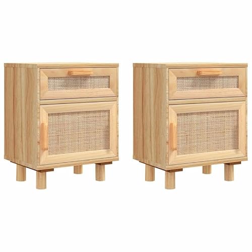 Eleganz Nachttische Set 2 STK. aus Massivholz Kiefer und Natur-Rattan - Schickes Nachtschränkchen für Schlafzimmer, stylishe Aufbewahrung mit Rattankorb | Robust & langlebig