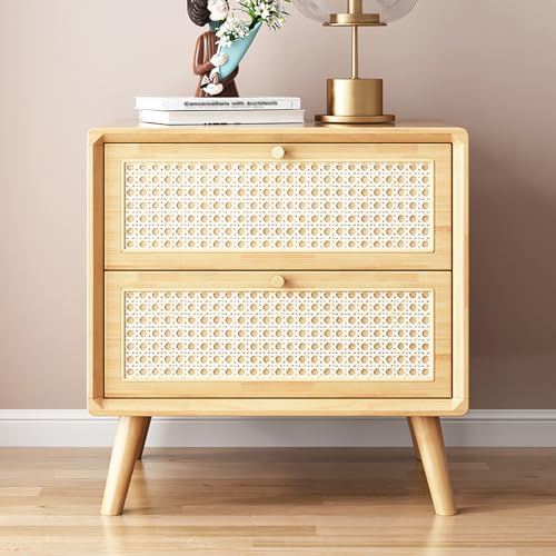 Rattan-Nachttisch Akzenttisch mit 2 Schubladen, Schrank im japanischen Stil, Massivholz, Schlafzimmer, Wohnzimmer, Möbel, hohe Beine für einfache Reinigung