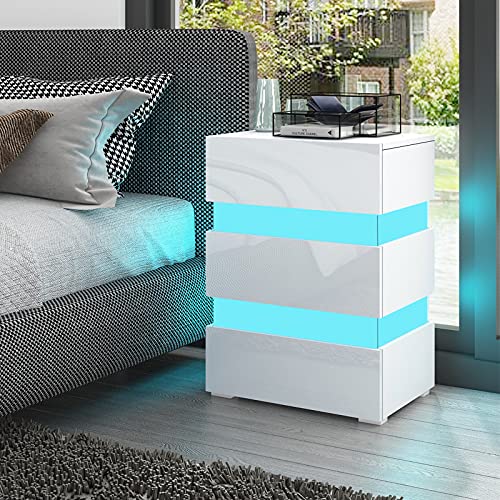Senvoziii Nachttisch Kommode Hochglanz mit 3 Schubladen Nachtschrank LED-Beleuchtung Nachtkommode Sofa Tisch für Schlafzimmer Büro Wohnzimmer - Weiß
