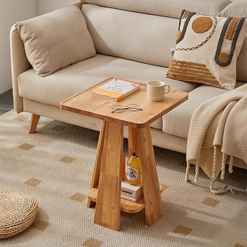 WWERTYY Quadratischer Beistelltisch aus Massivholz, 2-stufige offene Regale zur Aufbewahrung, Nachttisch im Landhausstil, Sofa-Beistelltisch, Kleiner Couchtisch für Wohnzimmer, Schlafzimme