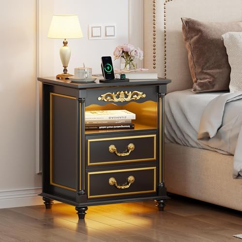Gurexl Led Retro Nachttisch mit Ladefunktion,Smart Nachtschrank landhausstil mit 3 Licht Dimmbar, Intelligent Sideboard mit 2 Schubladen USB Type-C Mit Schloss Schlafzimmer