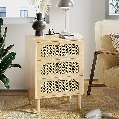 Bonnlo Nachttisch mit Ladefunktion, Kommode mit 3 Schubladen, Beistelltisch aus MDF, Sideboard Wohnzimmer, Schlafzimmer, Flur, Büro, Rattan, 48 x 40 x 69 cm