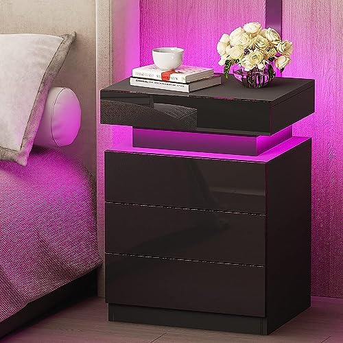 Chleby Modern Hochglanz-Nachttisch, Nachttische Schwarz Kommode Beistelltische mit 3 Schubladen für Schlafzimmer, Wohnzimmer