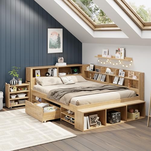 HaoChrymec Kinderbett mit Stauraum, 140 x 200 cm, Multifunktionales Einzelbett mit Nachttisch, Schubladen, Regalen und Stauraumschrank, kabelloses Aufladen, Natur, ohne Matratze