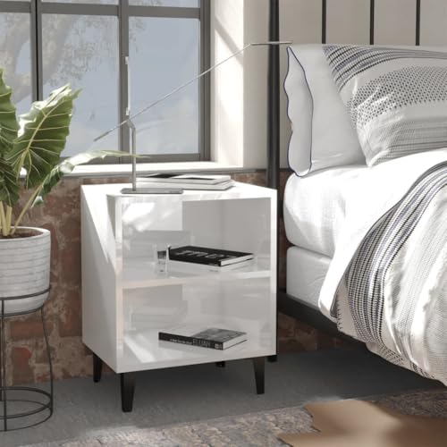PIXZSSI Schlafzimmer 2er Set mit Metallbeinen 40x30x50 cm Beistelltisch Industrielle Nachtschrank Praktischen Stauraum Arbeitszimmer Weiß Hochglanz Sofatisch Holzwerkstoff