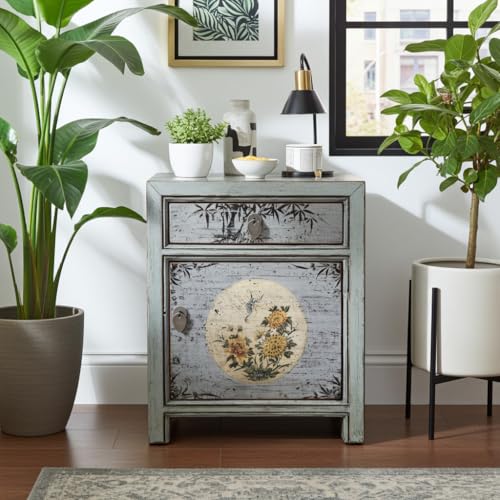 OPIUM OUTLET Chinesisches Nacht-Schränkchen asiatischer Nachttisch Kleiner Nacht-Schrank orientalische Schlafzimmer-Kommode Konsole Shabby-chic hellgrau, komplett montiert