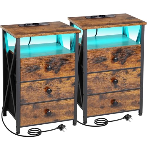 AMHANCIBLE Nachttisch 2er Set mit Ladestation, Beistelltisch mit LED-Beleuchtung, Sofatisch mit 3 Stoffschubladen, Nachtschrank aus Holz mit offenem Regal für Schlafzimmer, Wohnzimmer, Braun