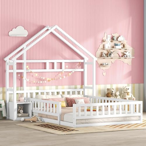 Kinderbett Bodenbett Doppelbett 140x200 cm mit Nachttischen&Sicherheitsg itter&Lattenrost&Dach, Montessori Bett Bed Gitterbett Hausbett Holzbett Bettgestell Jugendbett, Kiefernholz, Ohne Matratze, Weiß