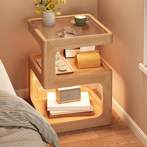 FBNMG Kreativ Nachttisch, Offene Aufbewahrung, Nachtschrank aus Massivholz, Beistelltisch mit Oberfläche aus Gehärtetem Glas für Schlafzimmer Wohnzimmersofa Flur Eingang(11.8 (30cm), Primary)