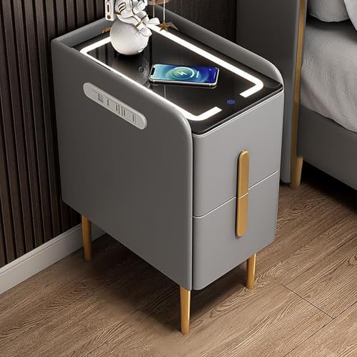 MESCXTY Intelligenter Nachttisch mit Schublade, modernes LED-Licht, schmaler Beistelltisch aus Holz, solide Nachttische aus PU, Nachttischmöbel, Nachttisch für Schlafzimmer (hellgrau, 30 cm)