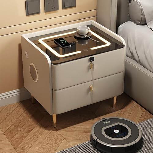 WYRNOBRX Landhaus Nachttisch Nachtkommode Weiß Sofa Beistelltisch Mit LED Modern Nachtschrank Mit 2 Schubladen Audiosystem USB Ladestation Offenes Fach Wohnzimmer,Dark Gray,L16*W16*H19